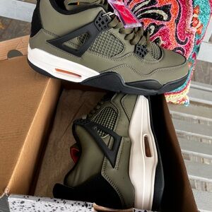 Jordan Olive Green and Black Retro 4 Sneakers with Red Jumpman Tag